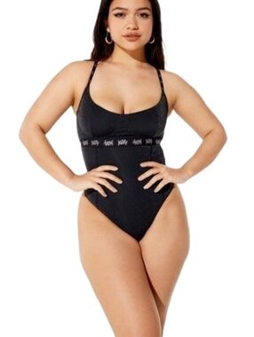Yitty by Lizzo Shimmer Black Shaping Thong Bodysuit 1X Sculpting  NWT